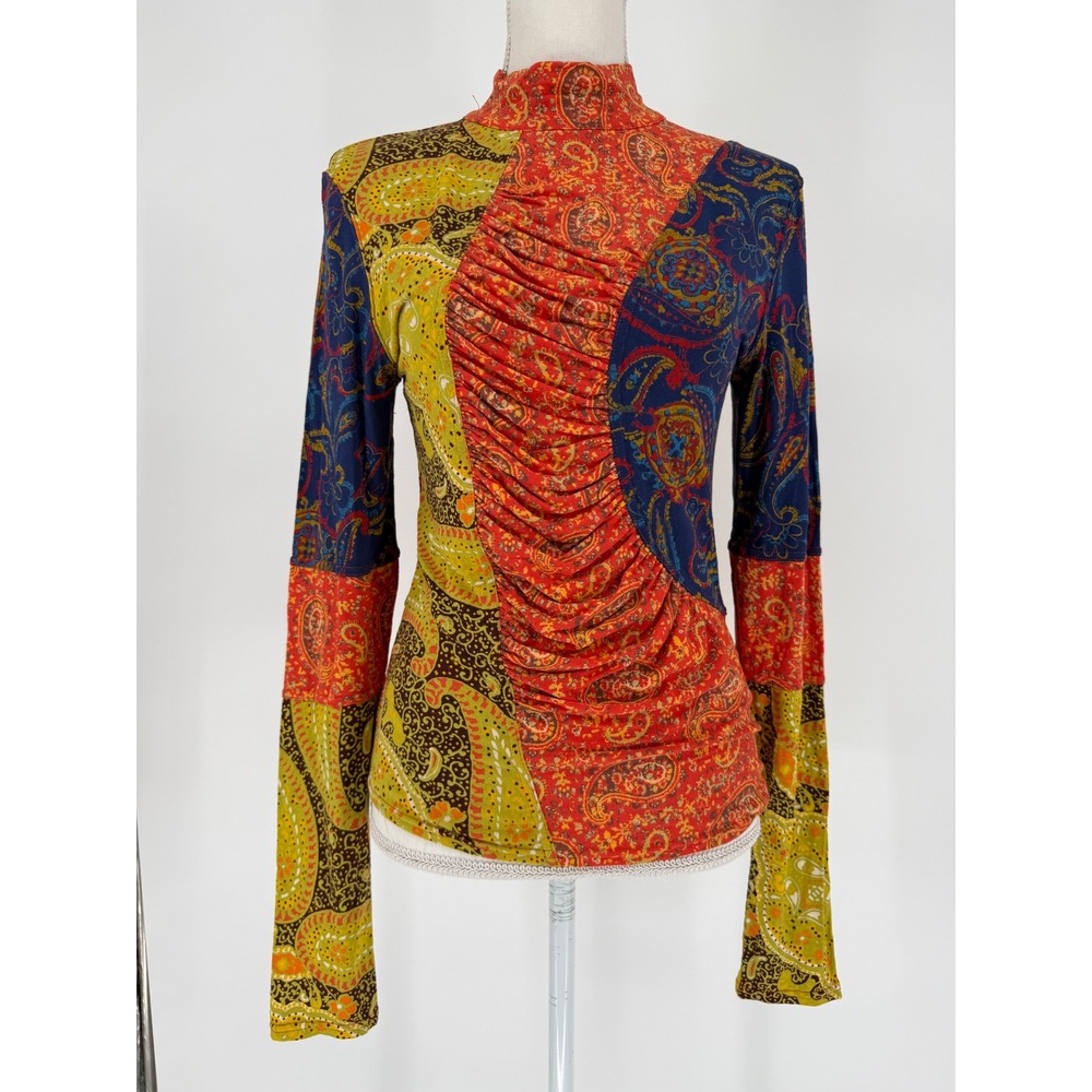 Free People Paisley Patchwork Mock Neck Long Sleeve Open Back Top L NWOT